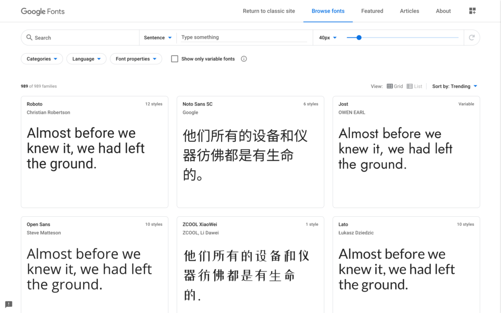 A screenshot of some Google fonts