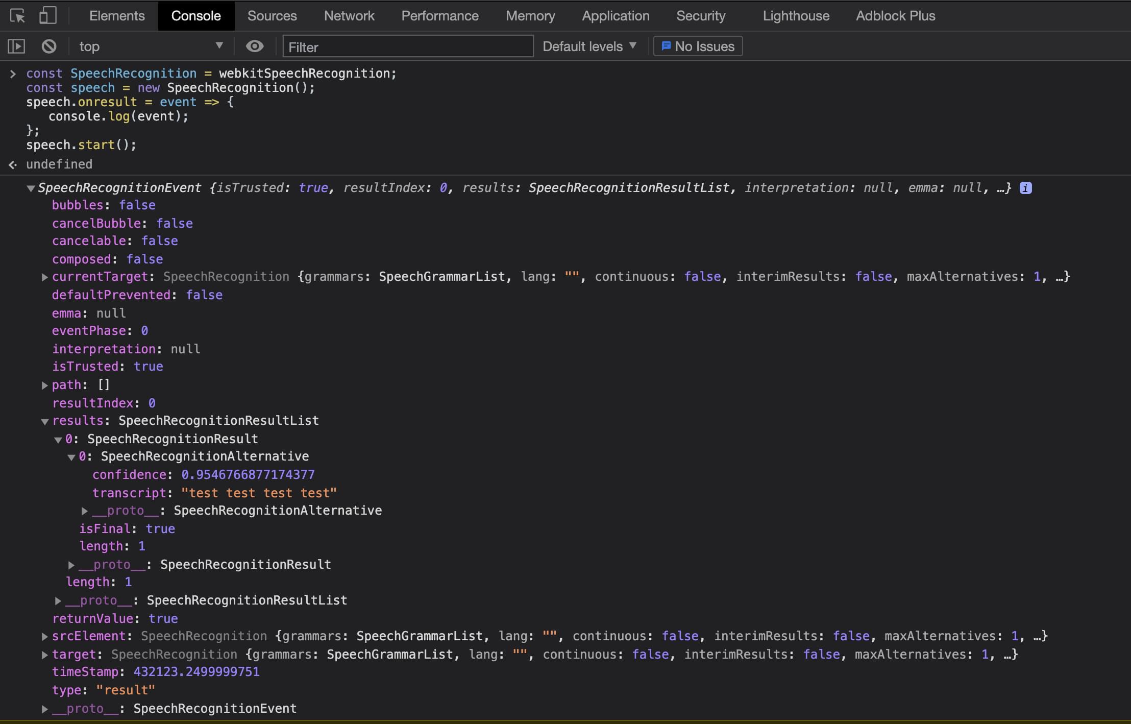 Browser devtools showing SpeechRecognitionResultList