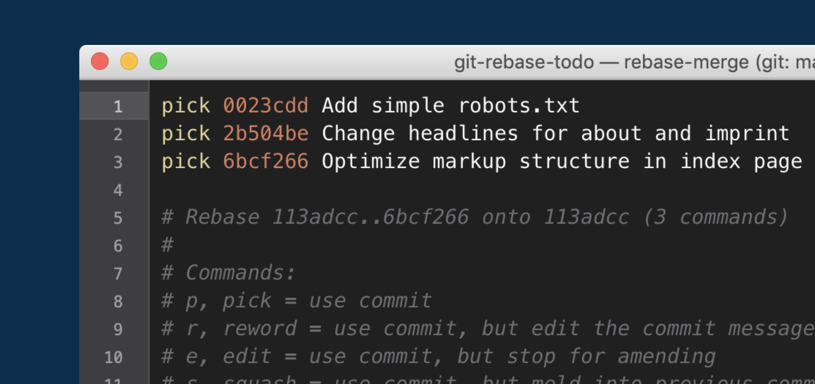 An editor window opens up after starting the interactive rebase session