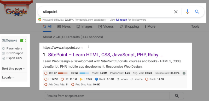 SEOquake SERPs stats