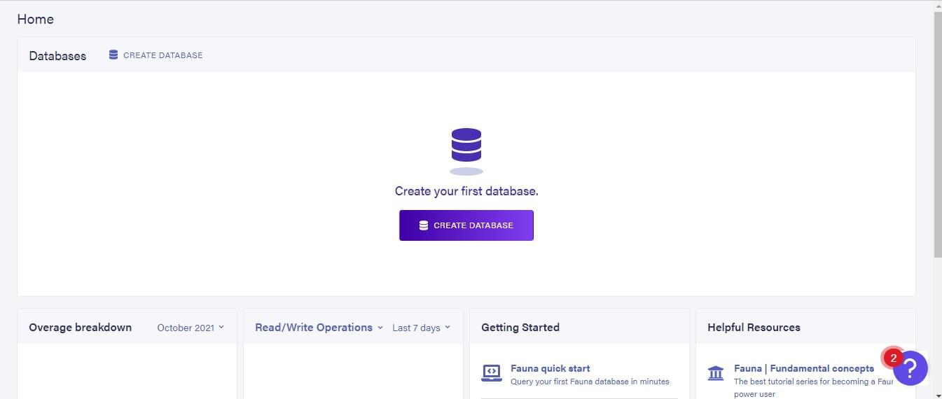 The FaunaDB dashboard