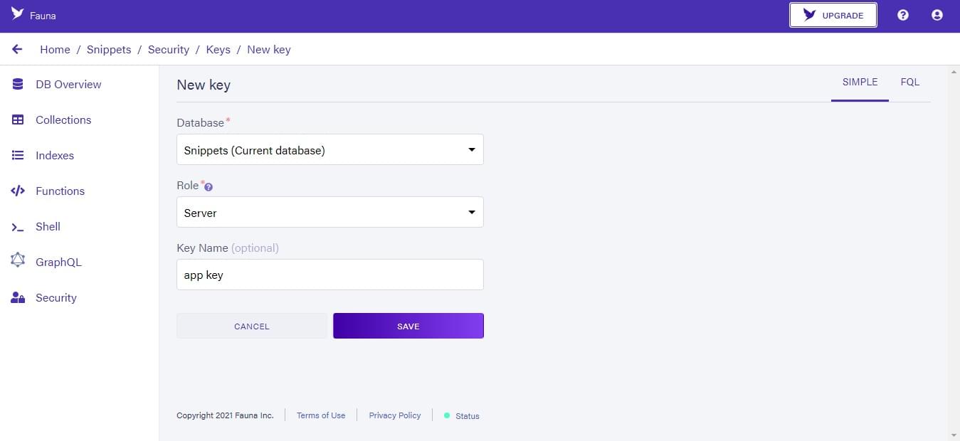 Creating a FaunaDB security key