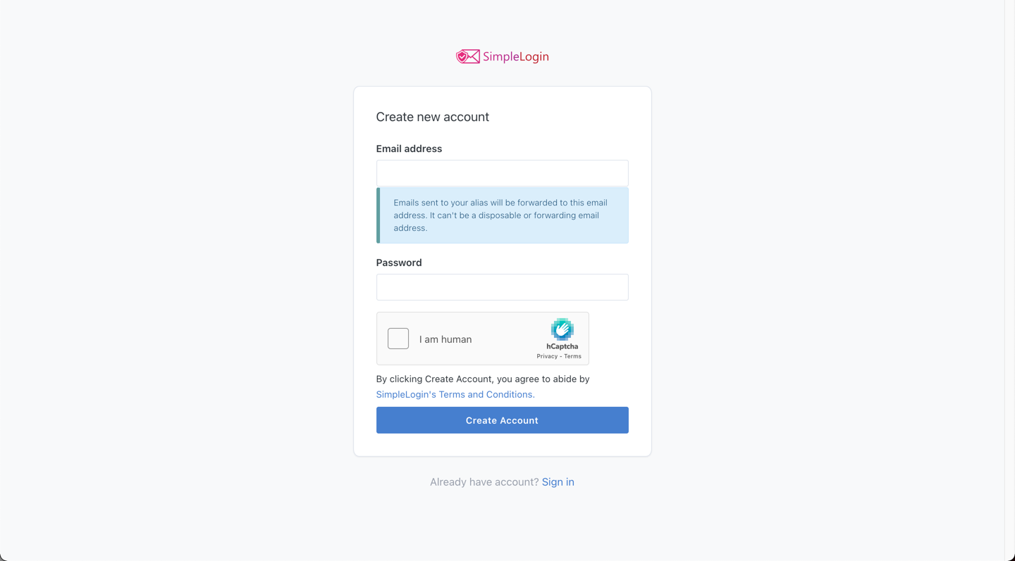 Create SimpleLogin account with an existing email address