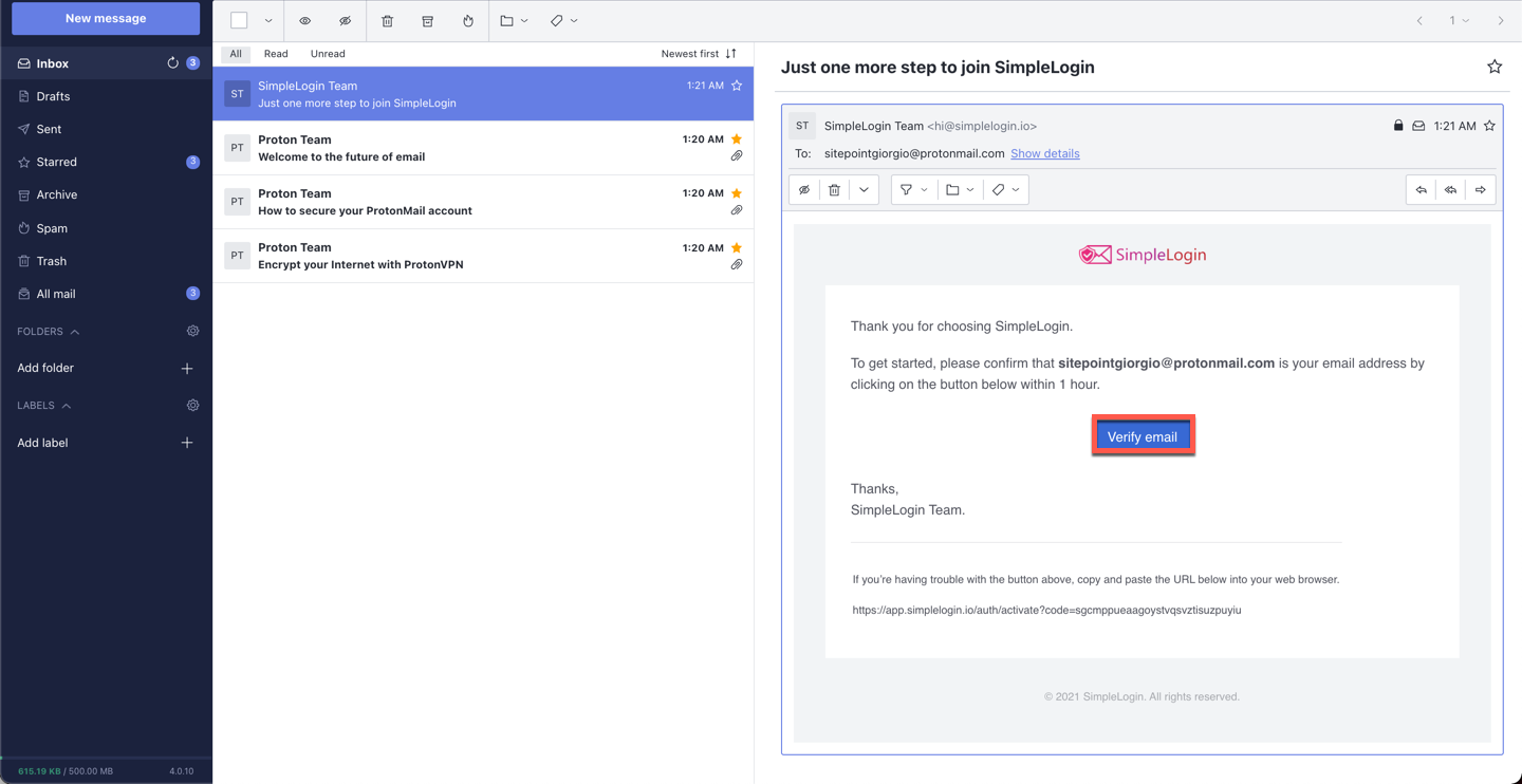 Click on Verify Email