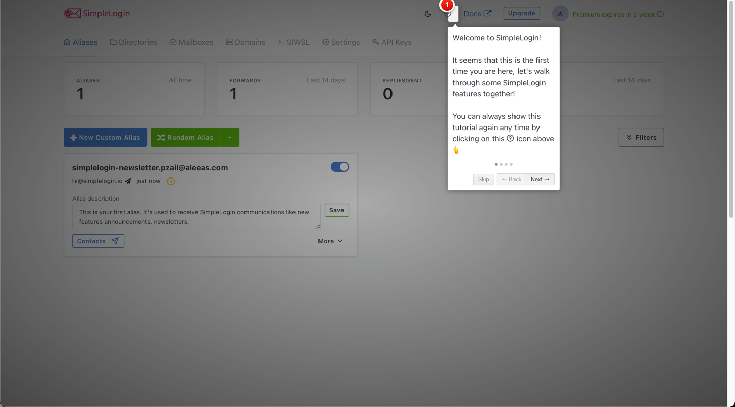 SimpleLogin dashboard