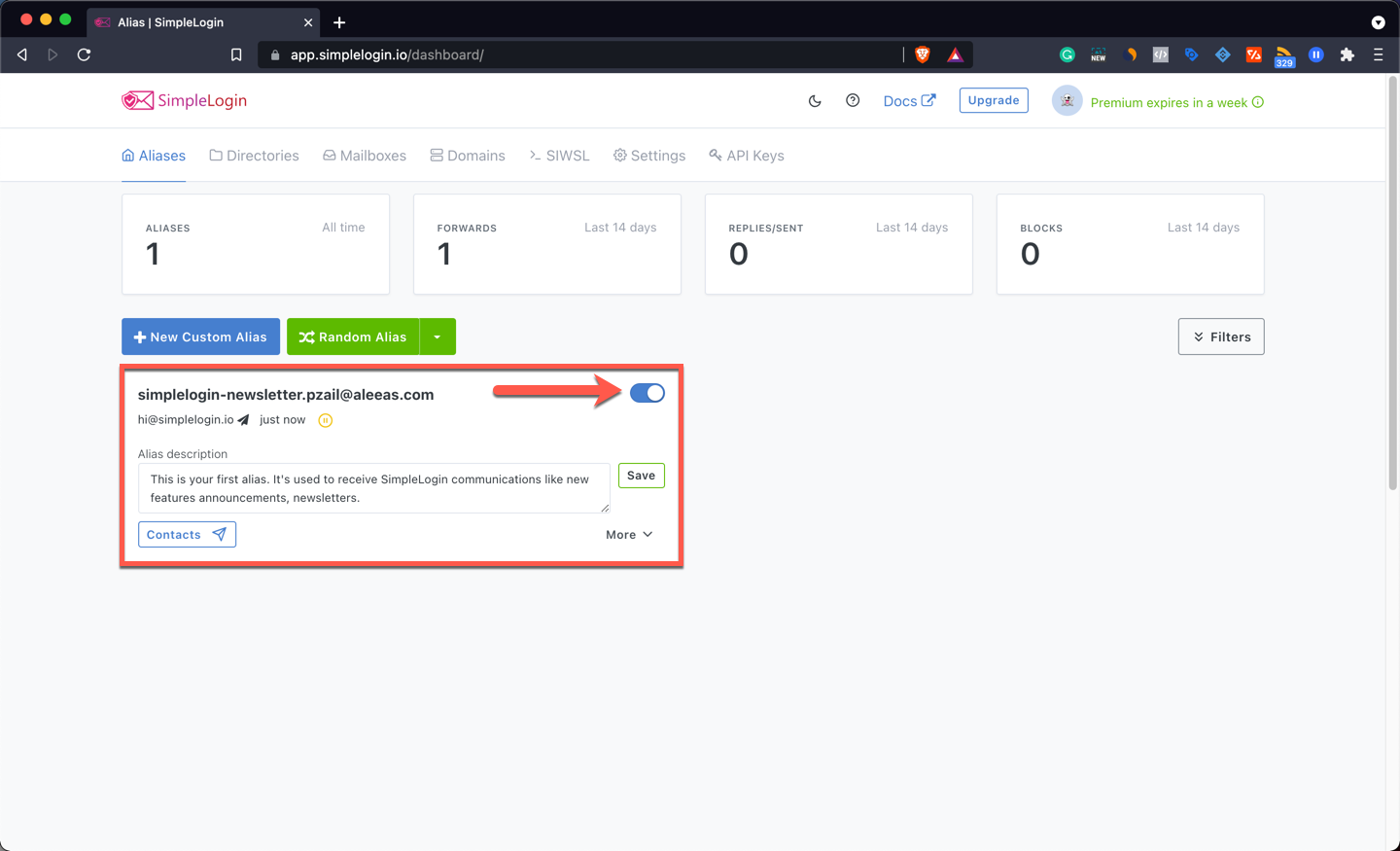 Create your first alias email address