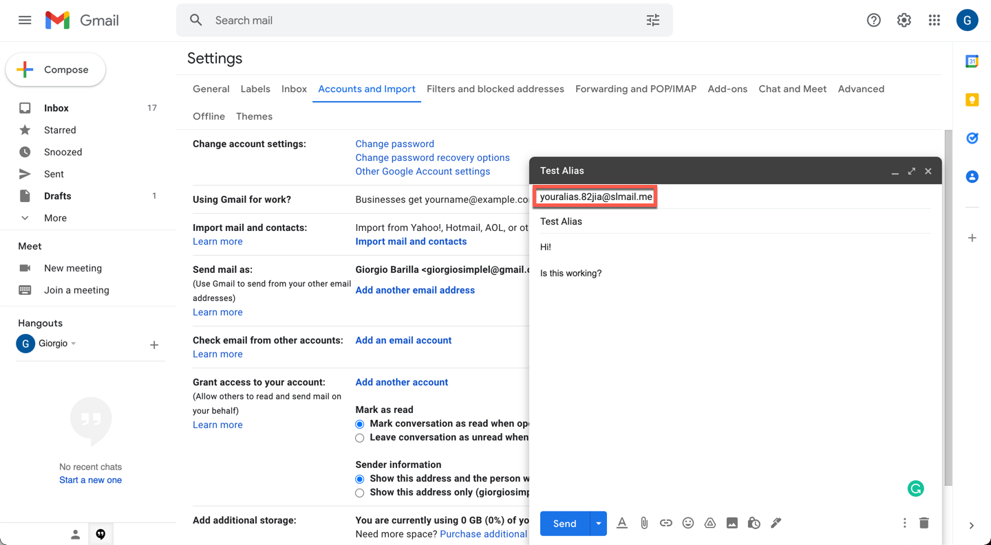 Sending a test email from a Google email account