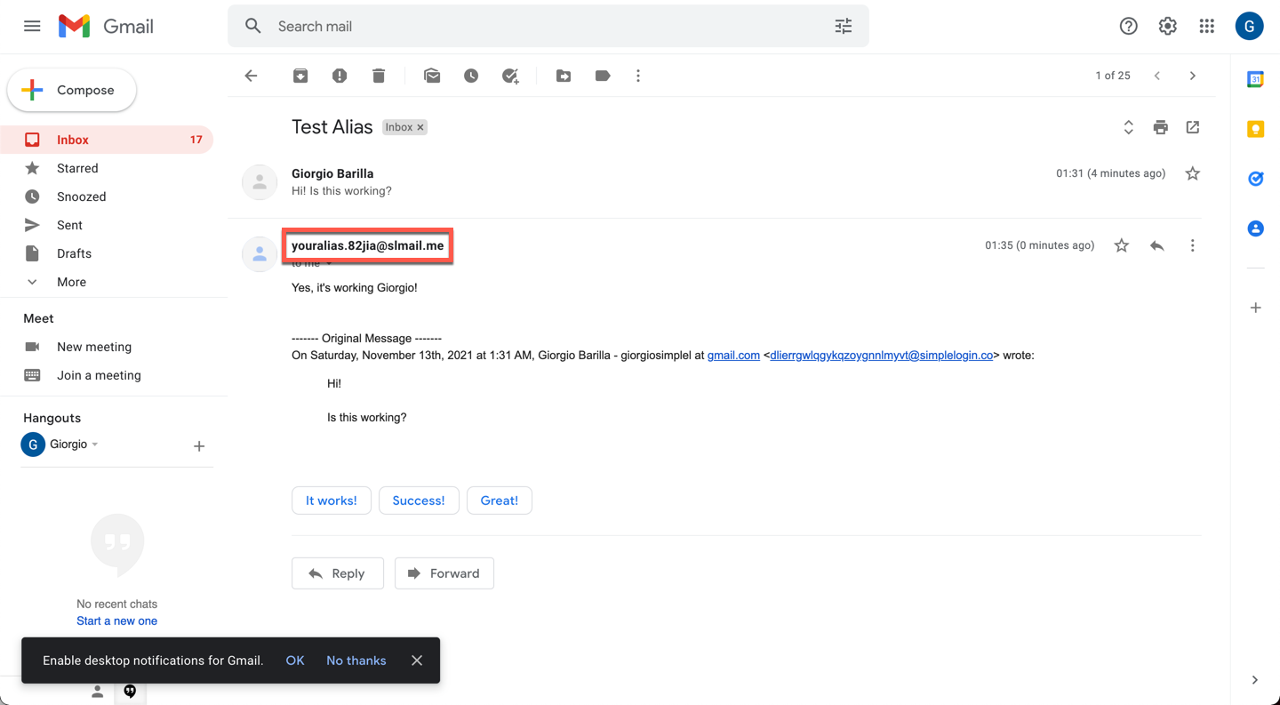 Success! The from address is not your personal email address