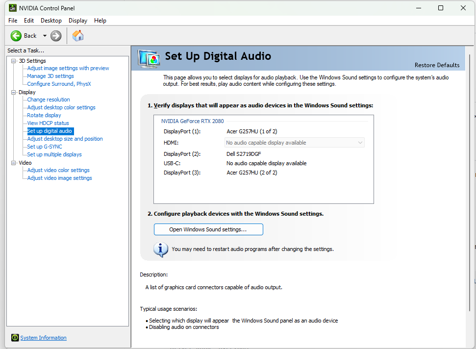 nVidia Control Panel. Display -> Set up digital audio. Shows no actual options for sound.