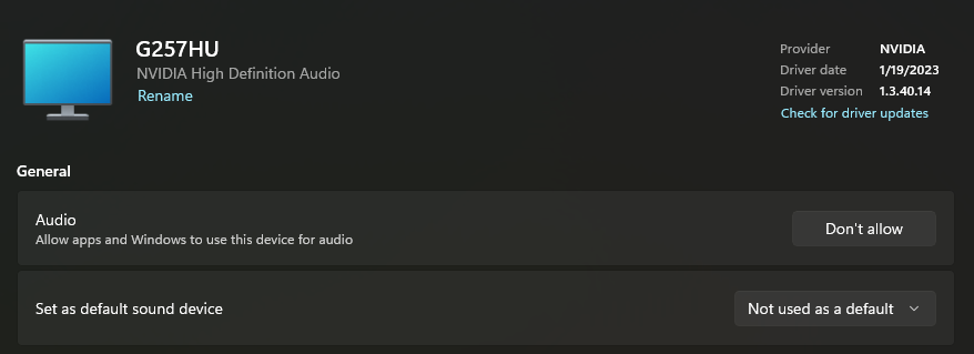 Sound System setting for the monitor sound. Shows the Don't Allow button that is not a permanent solution to preventing this device from being used as a sound output.