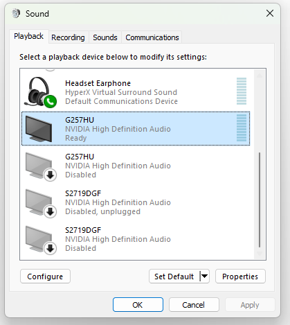 Control Panel -> Hardware and Sound -> Sound -> Playback menu.