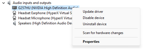 Device manager showing "Audio Input and outputs". Right click menu for the monitor sound. Shows disable and uninstall device (amongst other non-relevant) options.