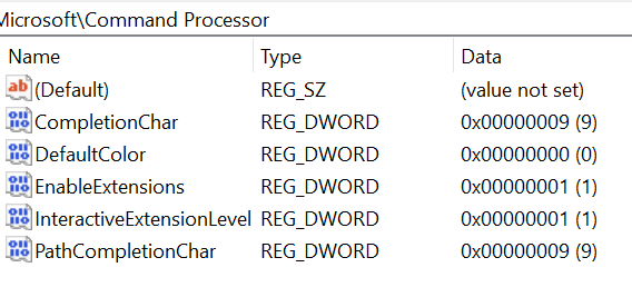 registry showing command processor autorun