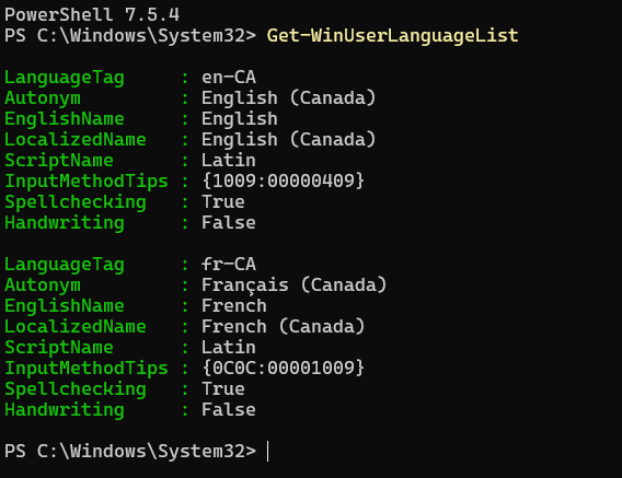 Only English (Canada) and French (Canada) returned by Get-WinUserLanguageList