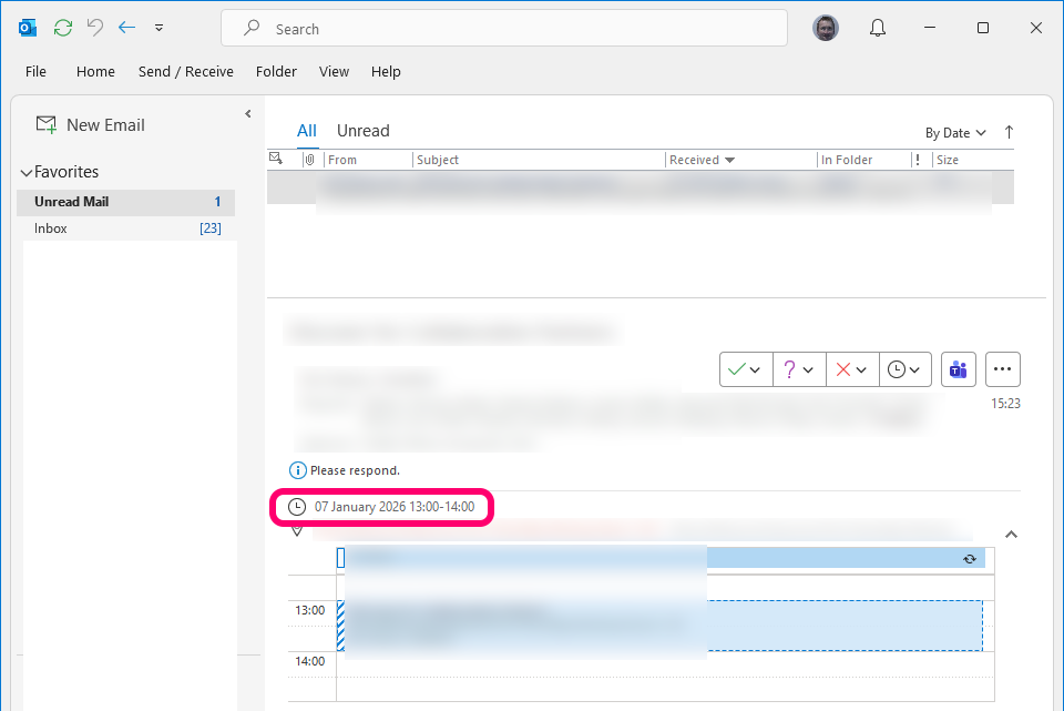 Outlook meeting request update date time not showing day name