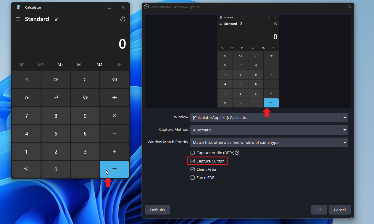 Mouse cursor over Calculator not appearing in OBS preview
