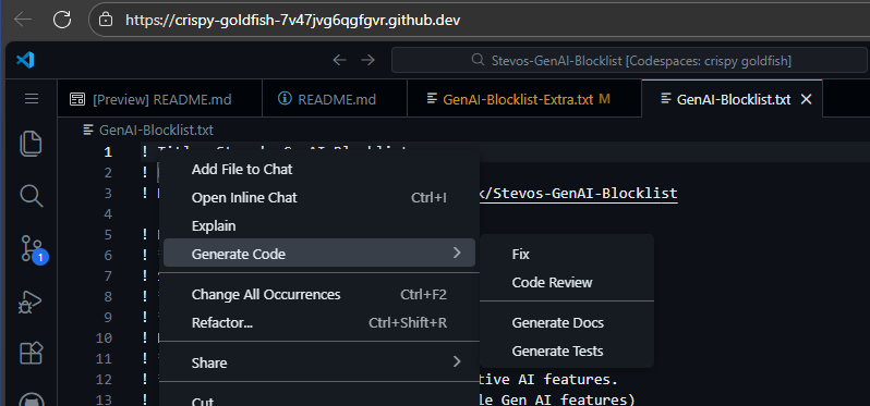 Context menu with "Generate Code" option