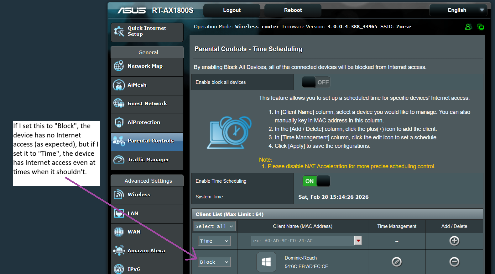 admin interface of Asus router