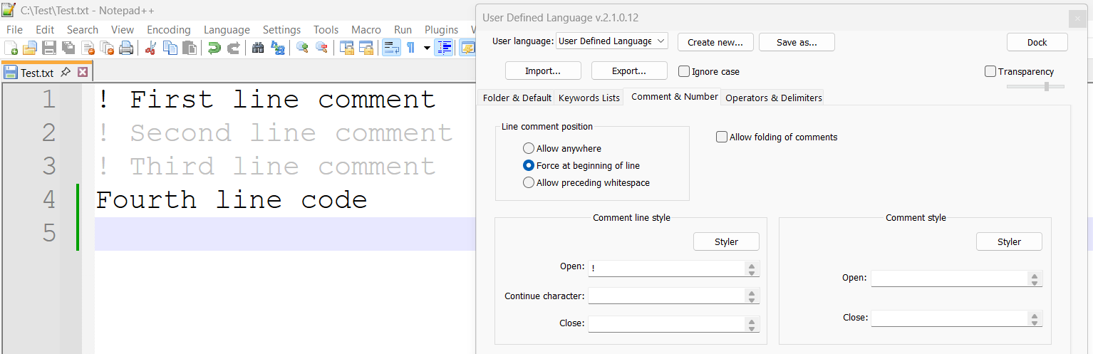 Notepad++ not highlighting first commented line