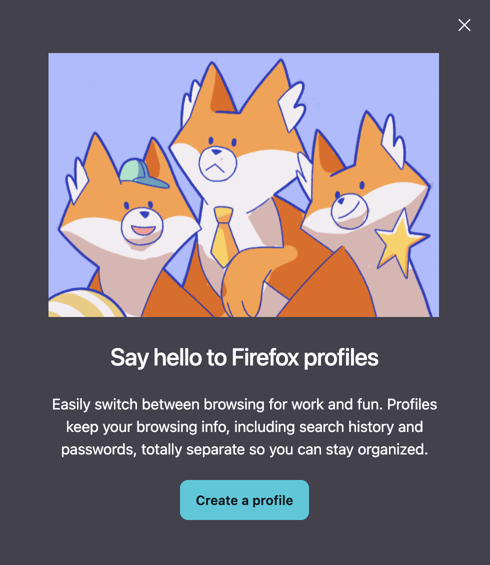 Firefox splash screen prompting users to create a Profile
