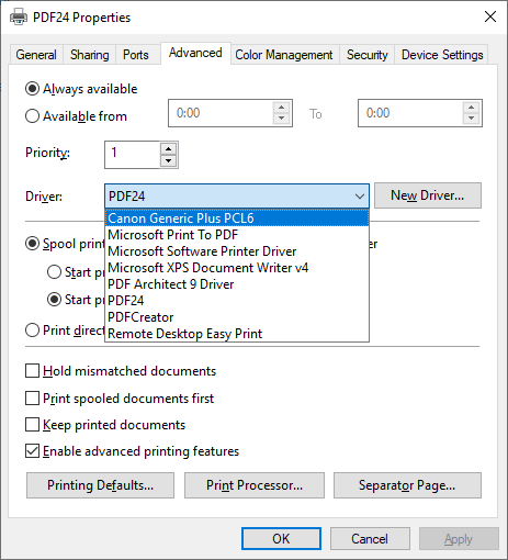 Printer driver list of choices
