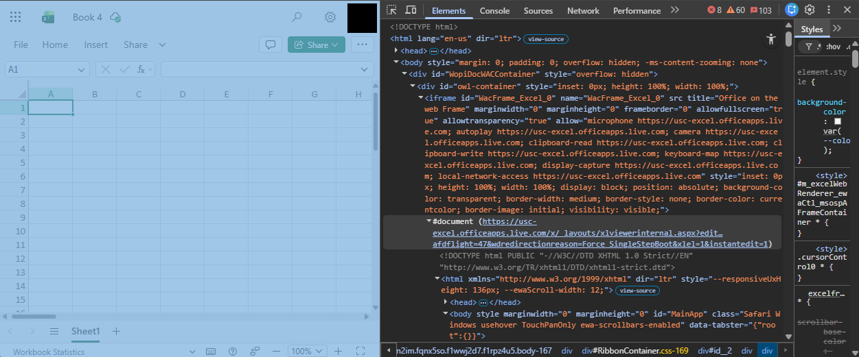 Developer tools showing iFrame in Excel
