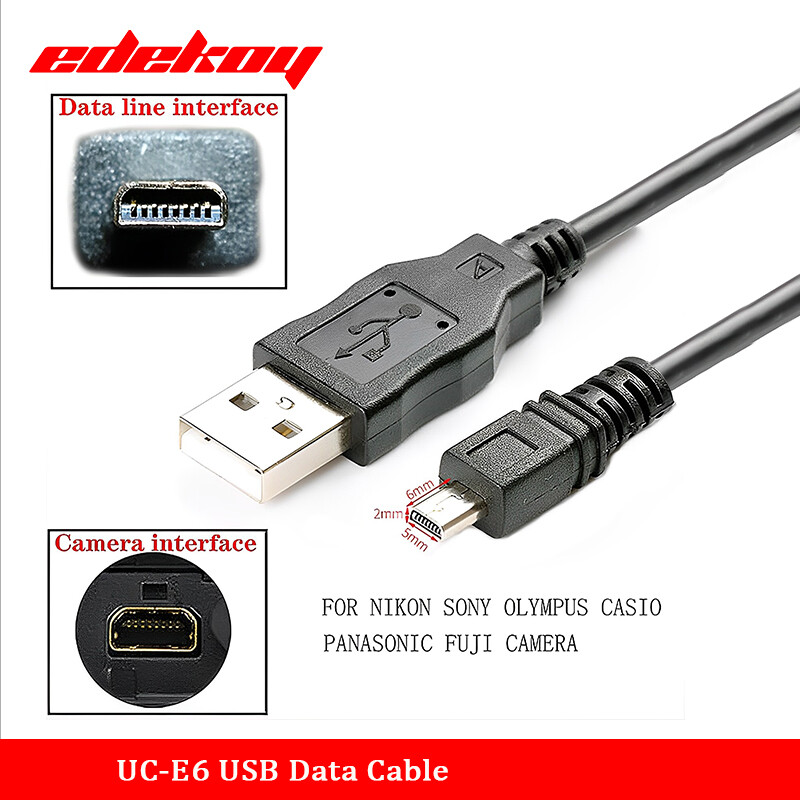 An advertisement for an 8-pin Mini-USB cable identified as UC-E6, which is likely not accurate