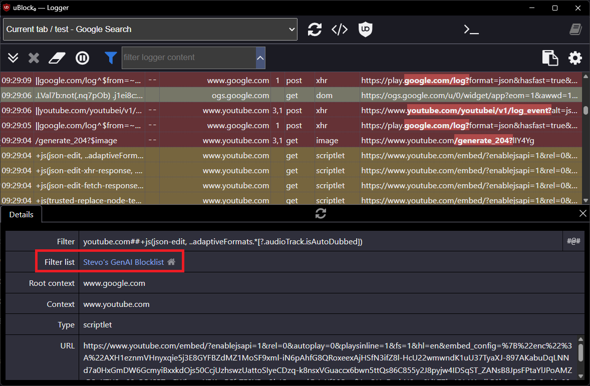 uBlock Origin logger with a filter from Stevo's GenAI Blocklist