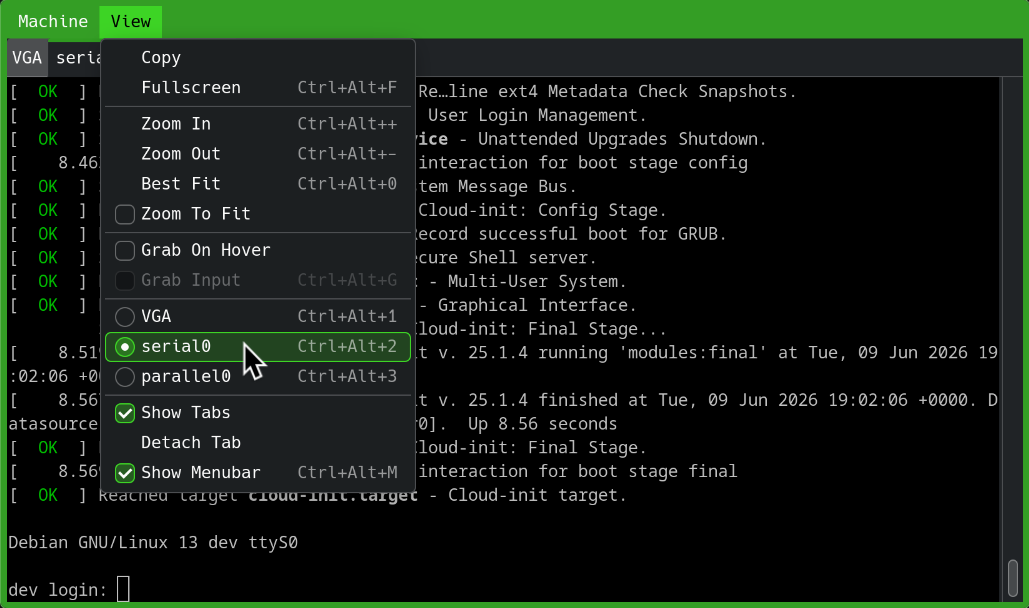 screenshot of QEMU graphical client showing the mouse hovering over view, serial option
