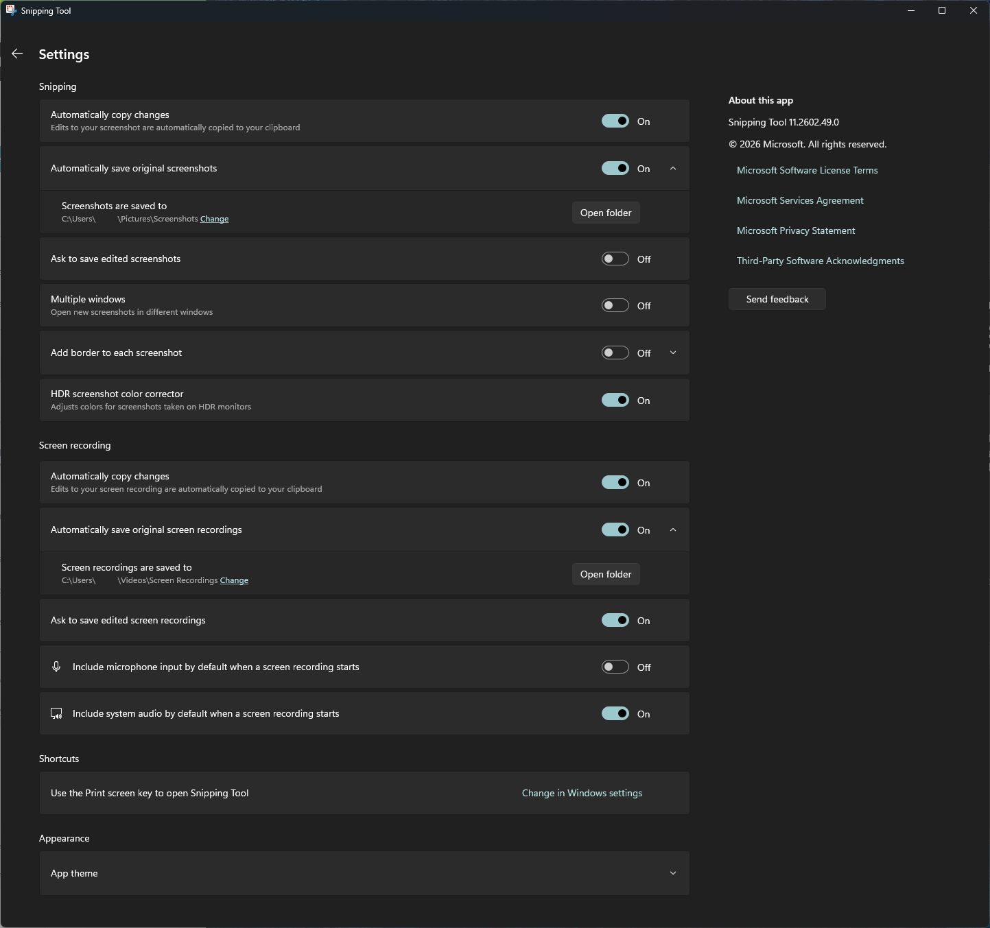 snipping tool settings