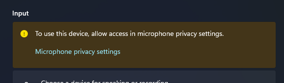 "To use this device, allow access in microphone privacy settings"