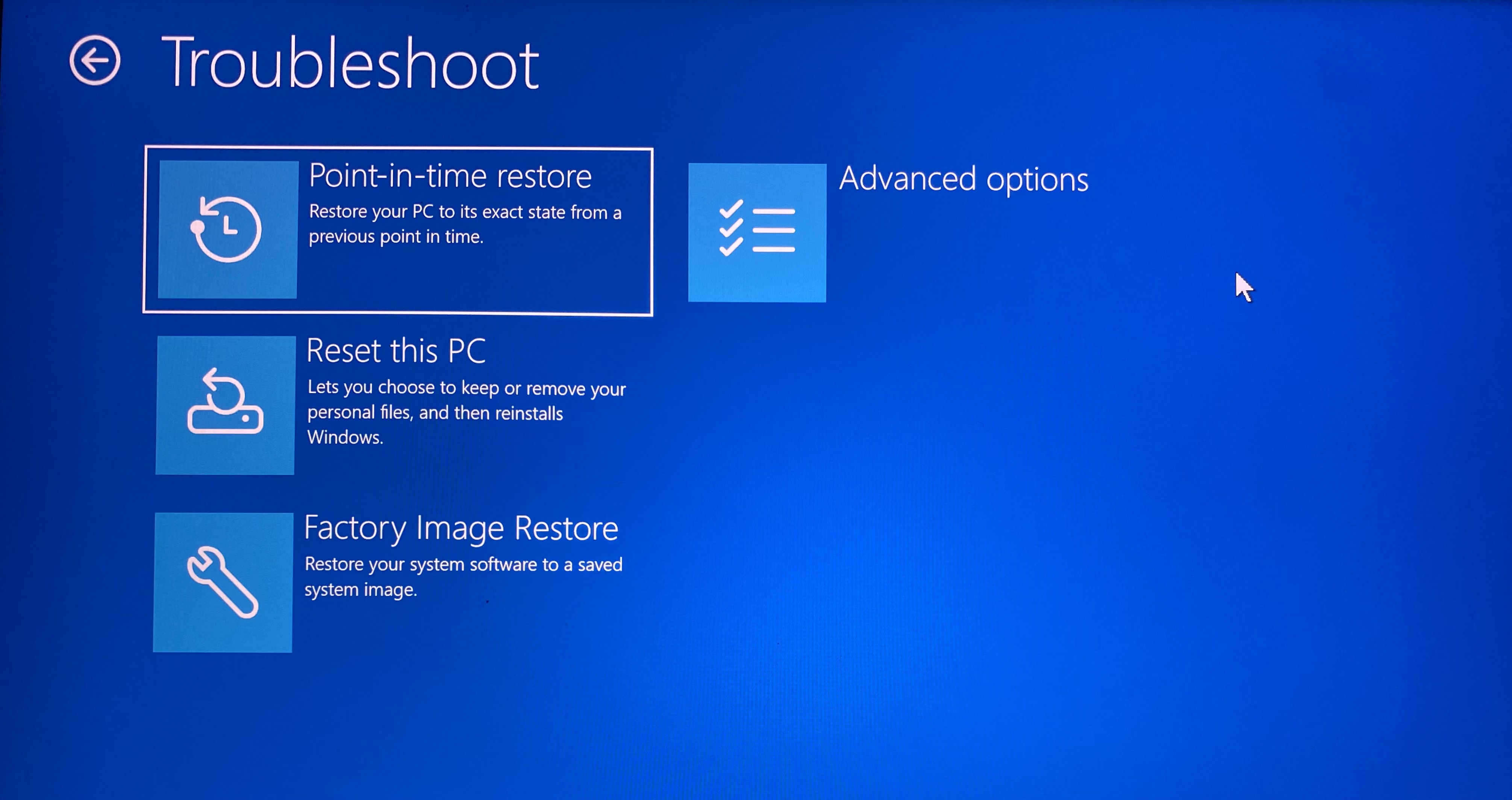 Troubleshoot options: Point-in-time restore, Reset this PC, Factory Image Restore, Advanced options