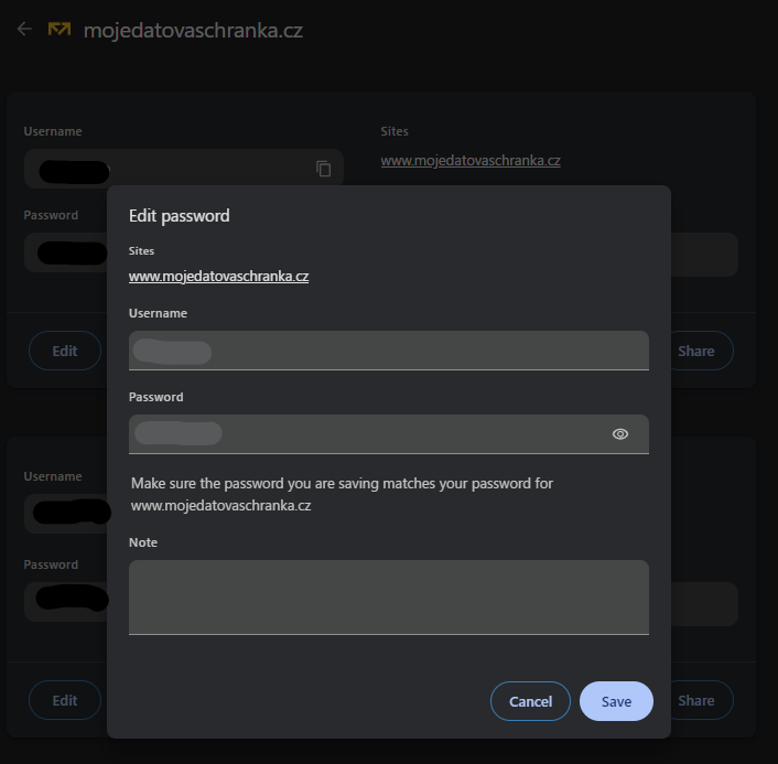 Edit password dialog in chrome password manager displaying the lack of edit site address option.