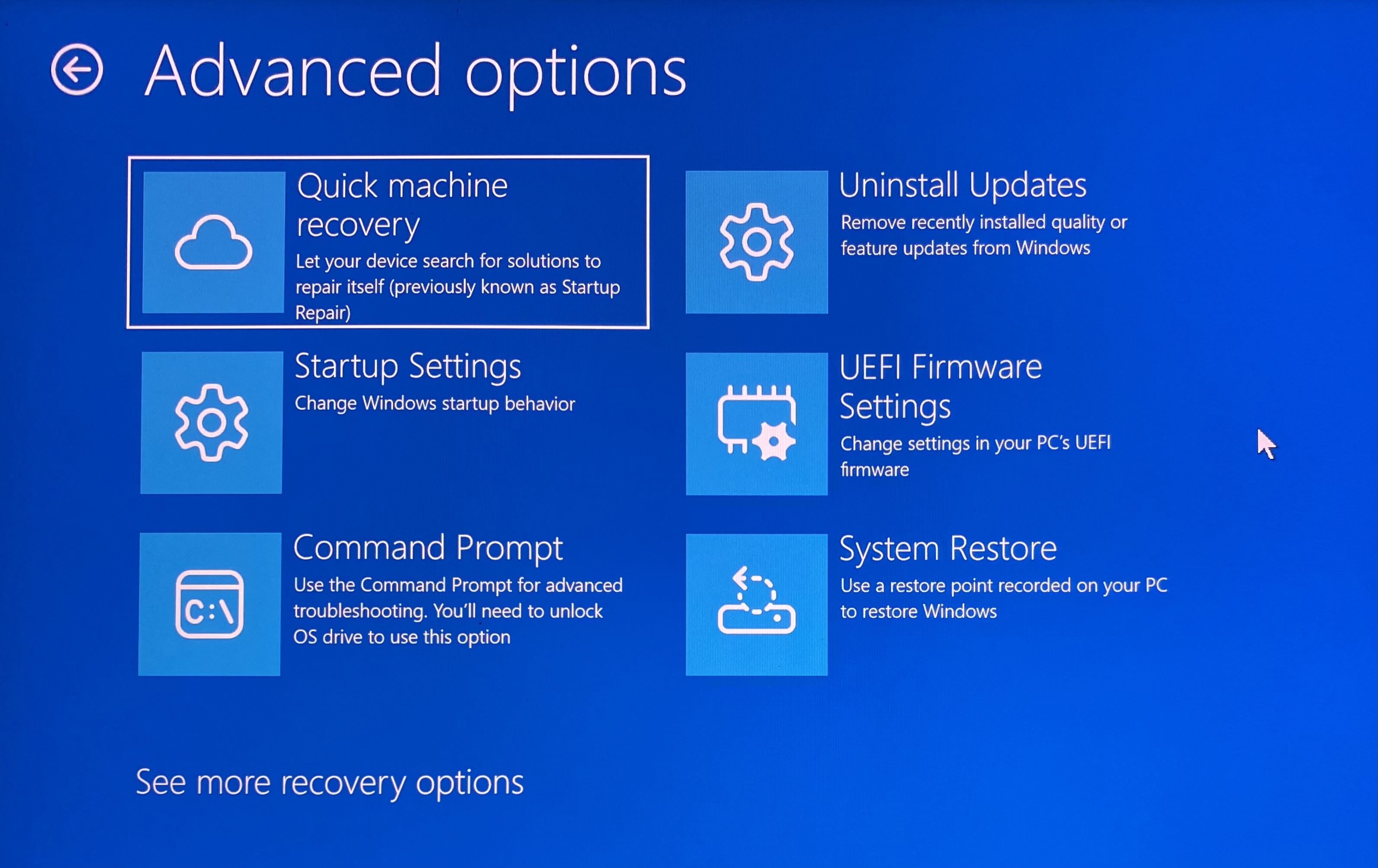 Advanced options: Quick machine recovery, Startup Settings, Command Prompt, Uninstall Updates, UEFI Firmware Settings, System Restore